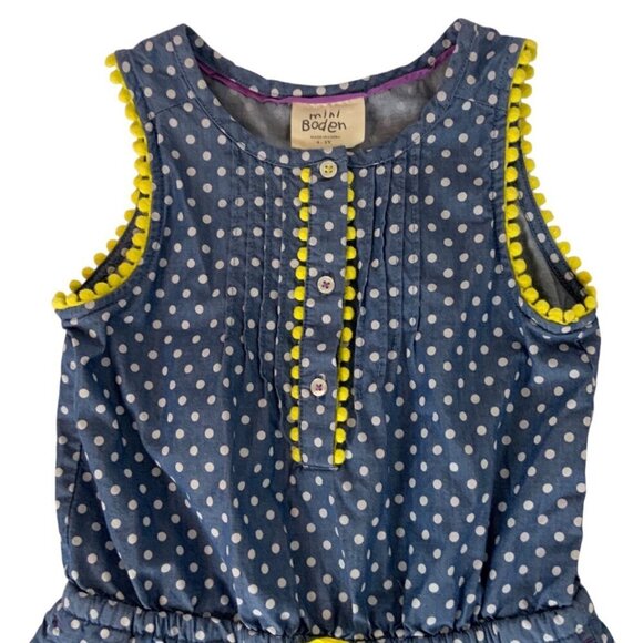 Mini Boden Polka Dot Girls Romper 4-5Y Blue Yellow Pom Pom Trim Spring Summer - Picture 3 of 7